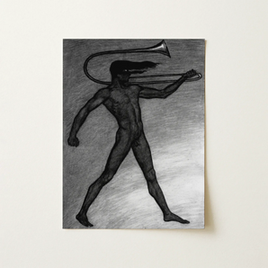 War Cry - Sascha Schneider Art Print / Canvas Black-and-white Charcoal Muscular Figure Trombone Rendered Detailed Texture Sascha Schneider,