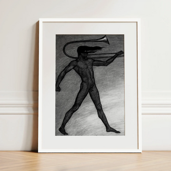War Cry - Sascha Schneider Art Print / Canvas Black-and-white Framed Nude Figure Trumpet Head Enclosed Simple Sascha Schneider, Male