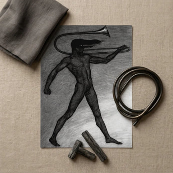 War Cry - Sascha Schneider Art Print / Canvas Monochromatic Charcoal Sketch Nude Figure Trombone Rendered Detailed, Male, Tears, Free,