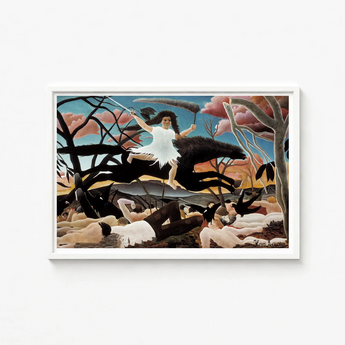 Framed Artwork Woman White Black Horse Surreal Landscape Rousseau Turning Innocence, Child-faced Rider Cutting, Flattened Color Planes