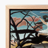 Framed Artwork Stylized Illustration Figure White Amidst Dark Rousseau Turning Innocence, Child-faced Rider Cutting, Flattened Color Planes