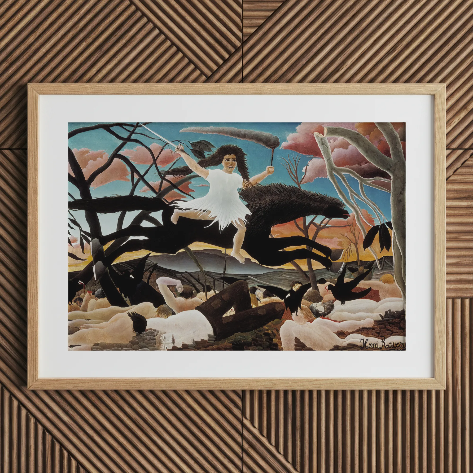 War - Henri Rousseau Fine Art Print, 30x20’’ / 76x51cm / Natural Frame / 2’’ Matboard, Framed Print Mythical Scene Figure White Spear Banner