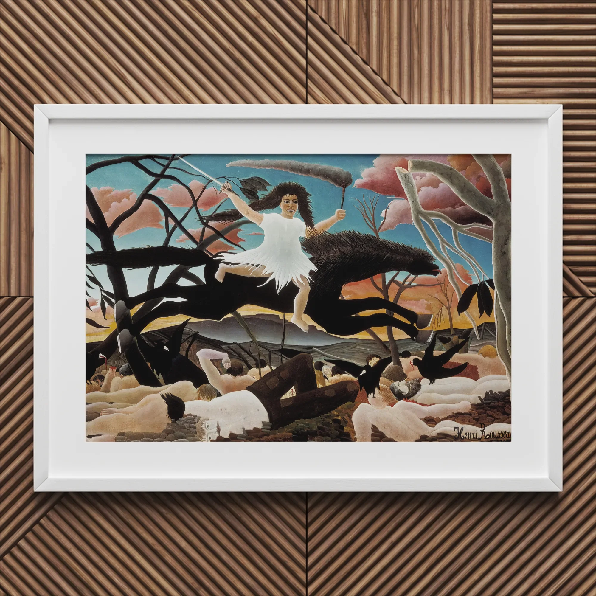 War - Henri Rousseau Fine Art Print, 30x20’’ / 76x51cm / White Frame / 2’’ Matboard, Framed Painting Woman White Dress Fallen Figures Amidst