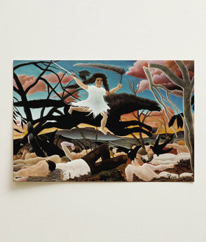 Surreal Painting Henri Rousseau Woman White Dress Black Turning Innocence, Child-faced Rider Cutting, Flattened Color Planes