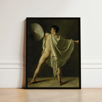 Framed Classical Painting Nude Male Figure Motion Draped Jean-eugene-charles Alberti, Riveted Rim, Shield Lifted Flush, Straining Shoulder
