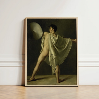 Framed Classical Painting Nude Male Figure Motion Draped Jean-eugene-charles Alberti, Riveted Rim, Shield Lifted Flush, Straining Shoulder