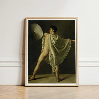 Framed Classical Painting Nude Male Figure Dynamic Pose Jean-eugene-charles Alberti, Riveted Rim, Shield Lifted Flush, Straining Shoulder