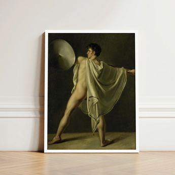 Framed Classical Painting Nude Male Figure Motion Draped Jean-eugene-charles Alberti, Riveted Rim, Shield Lifted Flush, Straining Shoulder