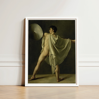 Framed Classical Painting Nude Male Figure Motion Draped Jean-eugene-charles Alberti, Riveted Rim, Shield Lifted Flush, Straining Shoulder