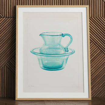 1930s Charles Caseau art print of wash bowl and pitcher.