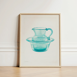 Wash Bowl & Pitcher - Charles Caseau 1930s Art Print / Canvas Framed Watercolor Illustration Translucent Turquoise Glass Ethereal Kitchen,