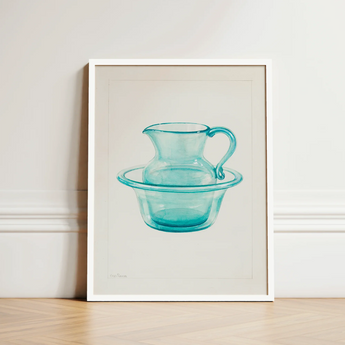 Wash Bowl & Pitcher - Charles Caseau 1930s Art Print / Canvas Framed Watercolor Illustration Translucent Turquoise Glass Basin Ethereal