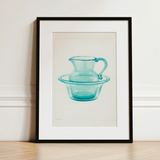 Wash Bowl & Pitcher - Charles Caseau 1930s Art Print / Canvas Framed Watercolor Illustration Translucent Turquoise Glass Integrated