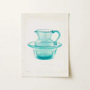 Wash Bowl & Pitcher - Charles Caseau 1930s Art Print / Canvas Translucent Turquoise Glass Curved Handle Sits Elegantly Ethereal Kitchen,