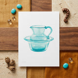 Wash Bowl & Pitcher - Charles Caseau 1930s Art Print / Canvas Translucent Turquoise Glass Depicted Elegant Watercolor Ethereal Kitchen,