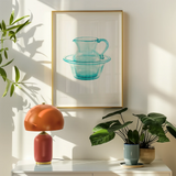Wash Bowl & Pitcher - Charles Caseau 1930s Art Print, Framed Artwork Blue-green Glass Pitcher Bowl