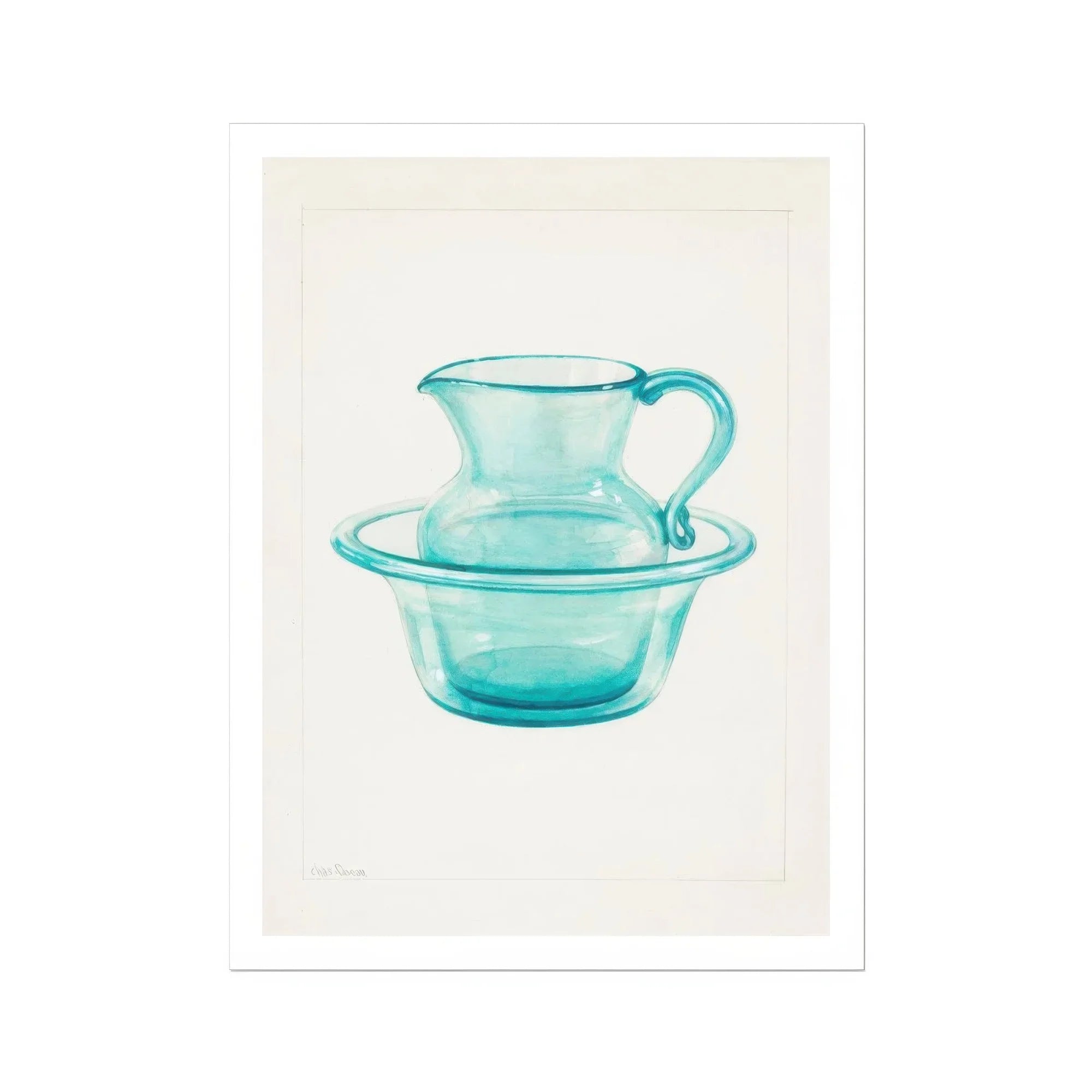 Wash Bowl & Pitcher - Charles Caseau 1930s Art Print, Turquoise Glass Pitcher Bowl Set