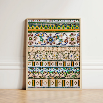 Framed Mosaic Artwork Intricate Colorful Tile Patterns Greens Wat Arun, Vibrant, Decorative Thai