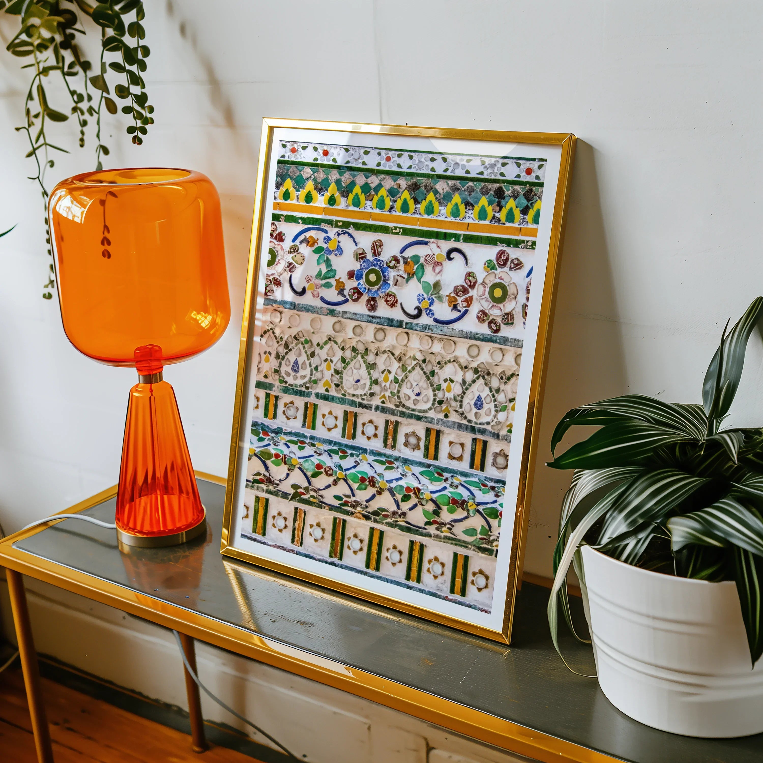Wat Arun - Decorative Thai Mosaic Art Print, Colorful Framed Mosaic Artwork Intricate Patterns Designs