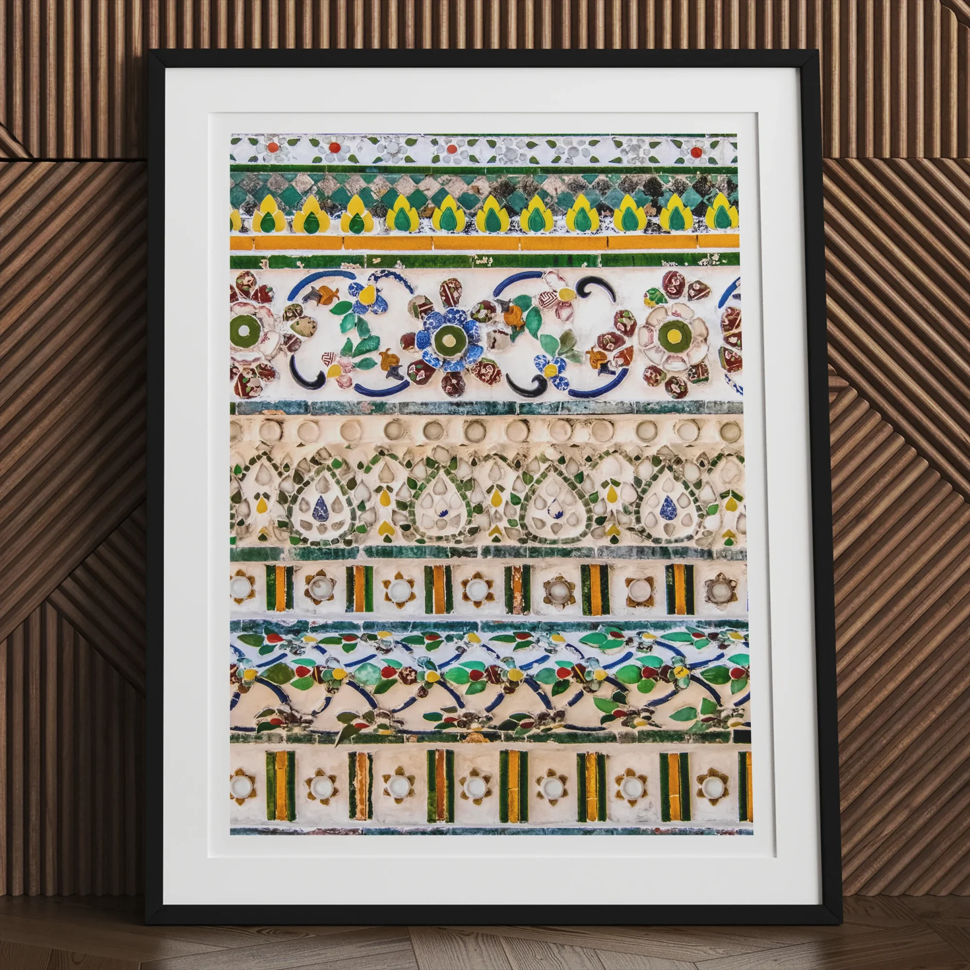 Wat Arun - Decorative Thai Mosaic Art Print, Framed Artwork Colorful Intricate Patterns Reminiscent Traditional Embroidery