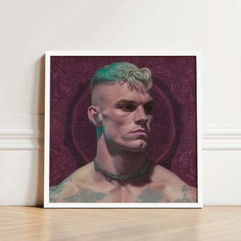 Watch and Learn - Gay Cyberpunk Art Print / Canvas Framed Portrait Man Teal Blonde Hair Tattoos Chest, Striking, Contemporary Queer