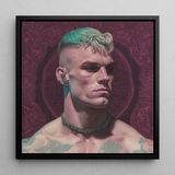 Watch and Learn - Gay Cyberpunk Art Framed Canvas, 12x12’’ / 31x31cm / Black Floating Frame, Framed Portrait Tattooed Man