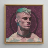Watch and Learn - Gay Cyberpunk Art Framed Canvas, 12x12’’ / 31x31cm / Natural Floating Frame, Framed Portrait Man Light Green Hair Ear Cuff