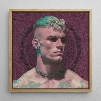 Watch and Learn - Gay Cyberpunk Art Framed Canvas, 12x12’’ / 31x31cm / Natural Floating Frame, Framed Portrait Man Light Green Hair Ear Cuff