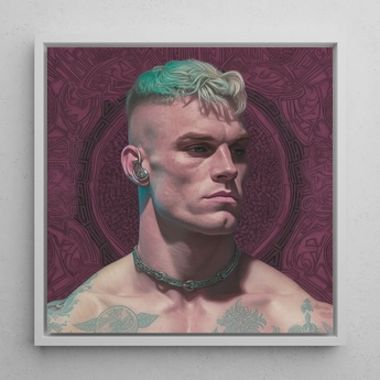 Watch and Learn - Gay Cyberpunk Art Framed Canvas, 12x12’’ / 31x31cm / White Floating Frame, Framed Portrait Muscular Man