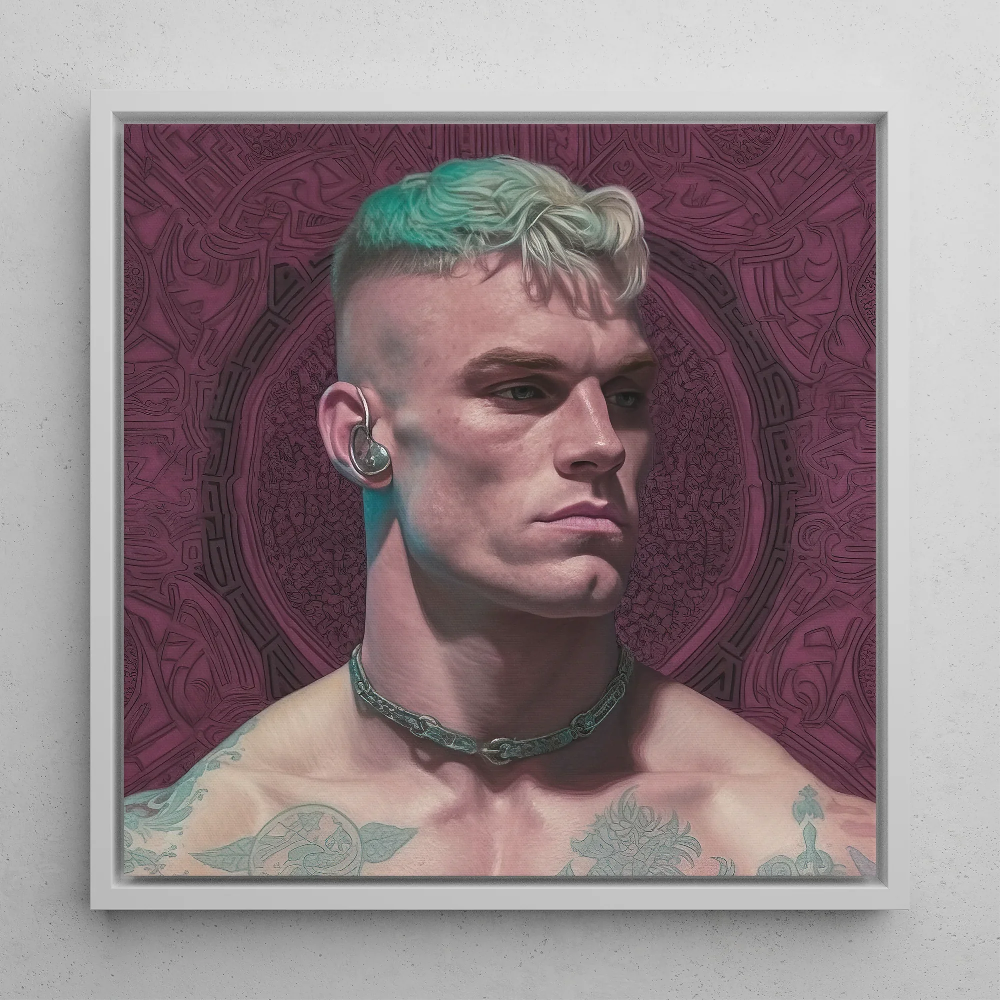 Watch and Learn - Gay Cyberpunk Art Framed Canvas, 12’’x12’’ / White Floating Frame, Framed Portrait Muscular Man