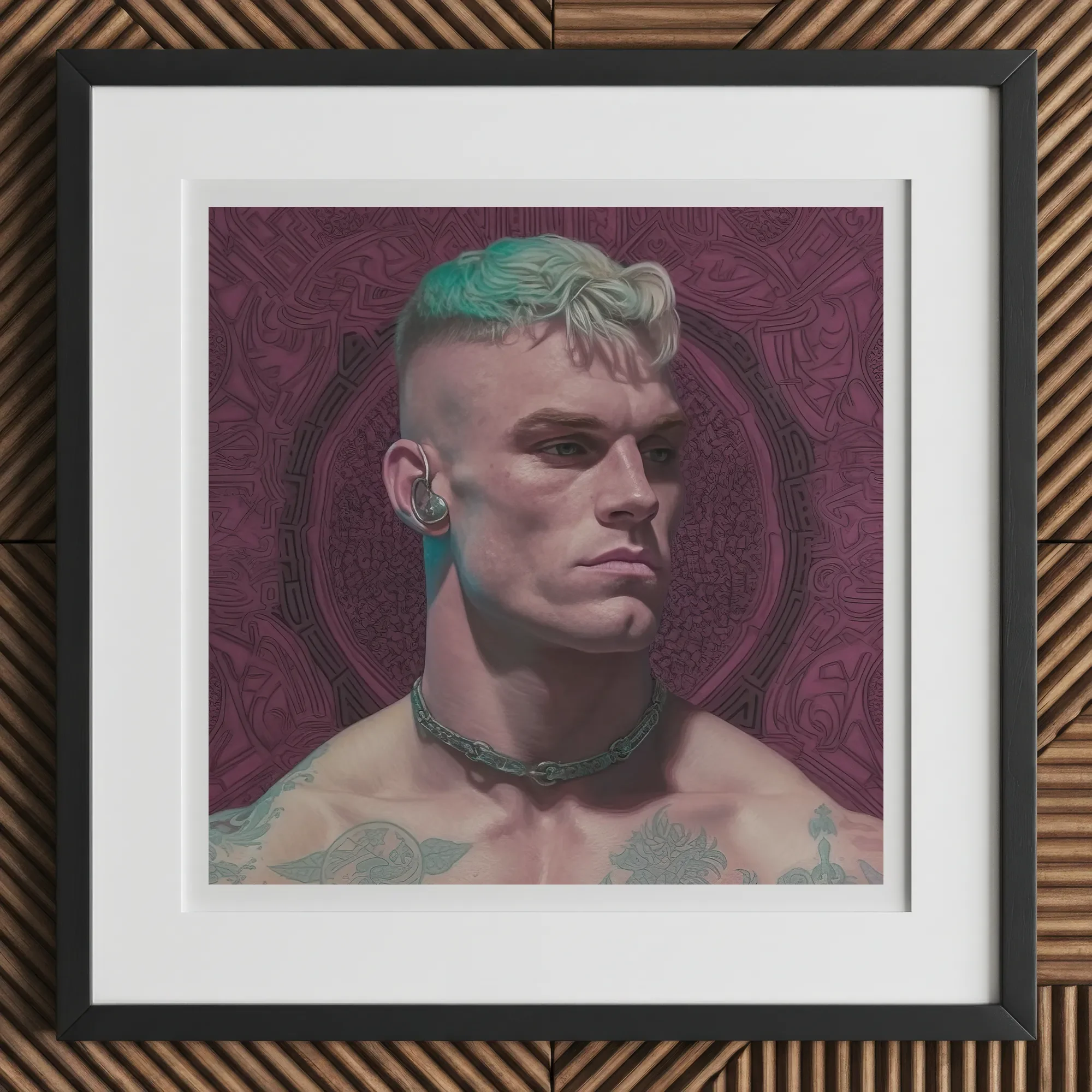 Watch and Learn - Gay Cyberpunk Art Print, 12x12’’ / 31x31cm / Black Frame, Framed Portrait Man Mint Green Hair Patterned Burgundy