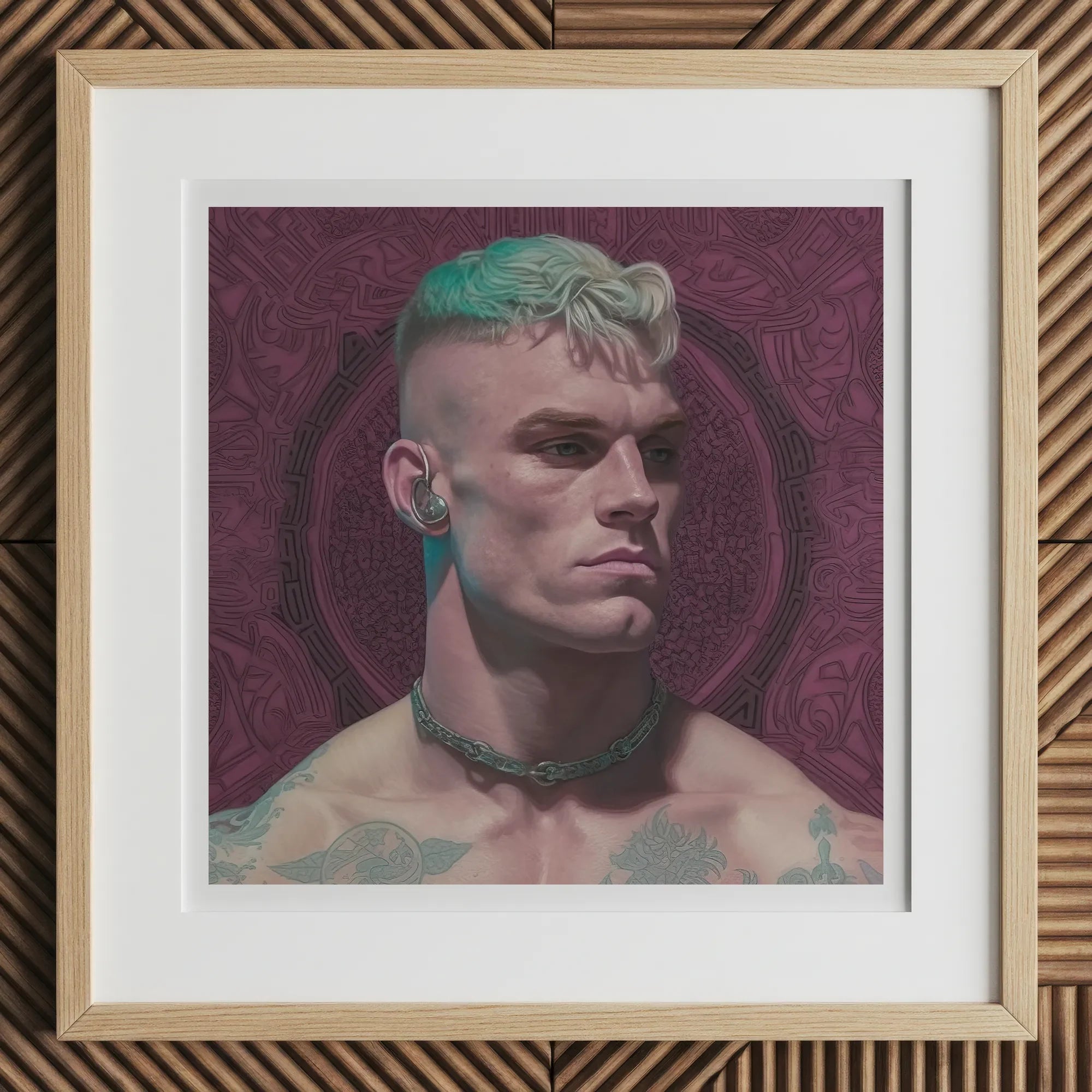Watch and Learn - Gay Cyberpunk Art Print, 12x12’’ / 31x31cm / Natural Frame, Framed Print Person Shaved Head Green Hair Necklace