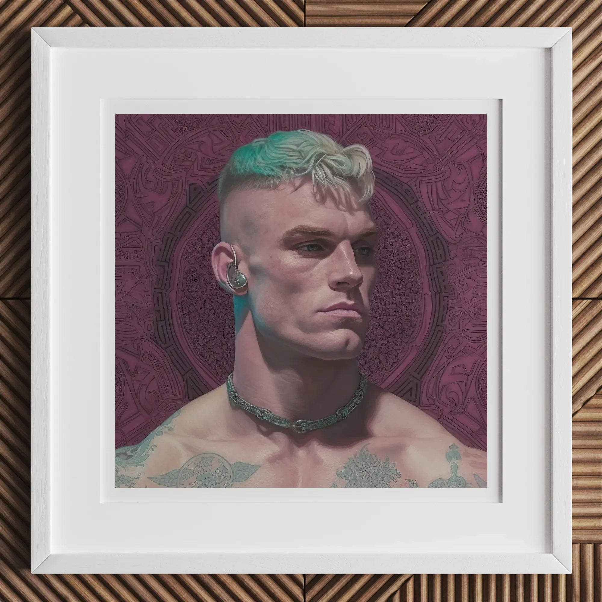 Watch and Learn - Gay Cyberpunk Art Print, 12x12’’ / 31x31cm / White Frame, Framed Portrait Man Green Hair Ear Cuff