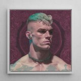 Watch and Learn - Gay Cyberpunk Art Print / Canvas Framed Portrait Man Teal Blonde Hair Earpiece Green Gay Art Print, Striking Contemporary