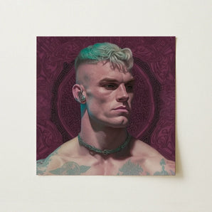 Watch and Learn - Gay Cyberpunk Art Print / Canvas Square Canvas Painting Muscular Man Teal White Hair Gay Art Print, Striking Portrait
