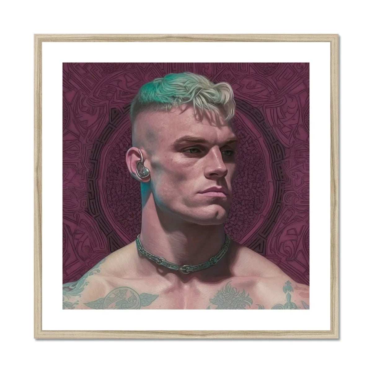 Watch and Learn - Gay Cyberpunk Art Print, Portrait Person Turquoise-dyed Hair Choker Necklace Earpiece Burgundy