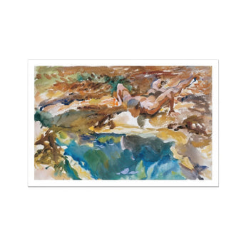 Man and Pool - John Singer Sargent Nude Art Print, Watercolor Painting Rocky Shoreline Blue Water