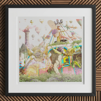 Way Back when Playpen - Myth Mash-up Collage Art Print, 12x12’’ / 31x31cm / Black Frame / 2’’ Matboard, Framed Fantastical Colorful Artwork