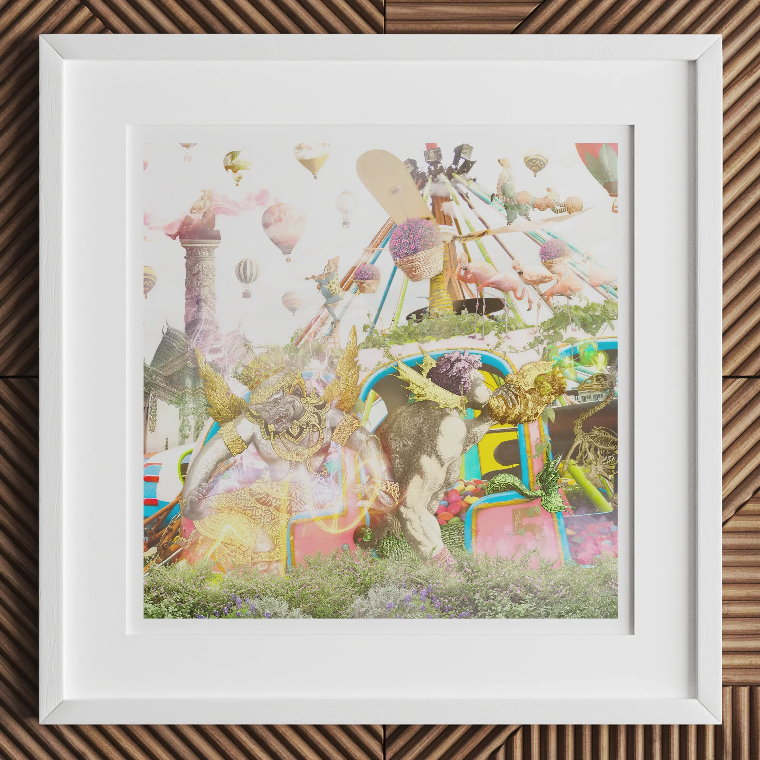 Way Back when Playpen - Myth Mash-up Collage Art Print, Framed Artwork Whimsical Colorful Fantasy Scene Animals Hot