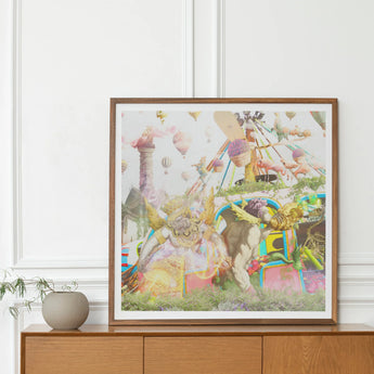 Way Back when Playpen - Myth Mash-up Collage Art Print, Framed Colorful Artwork Whimsical Carnival Festival Scene Hot