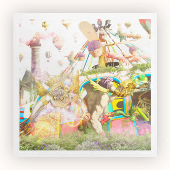 Way Back when Playpen - Myth Mash-up Collage Art Print, Surreal Colorful Collage Mythical Figures Carnival Rides Hot