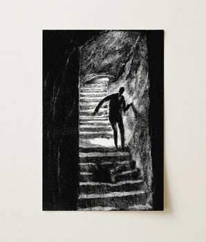 Black White Chalk Figure Stone Stairs Light Art Print, Athanasius Pernath, Gustav Meyrink’s, Occult, Cellar Flight Tilts, Gem Cutter