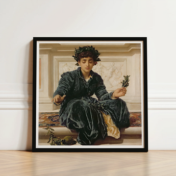 Weaving the Wreath - Frederic Leighton Art Print / Canvas Black-framed Classical Painting Woman Dark Velvet, Serene Tableau, Introspective