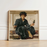Weaving the Wreath - Frederic Leighton Art Print / Canvas Framed Reproduction Classical Painting Woman Dark Velvet Robes, Serene Tableau,