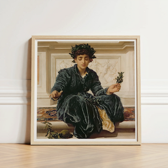 Weaving the Wreath - Frederic Leighton Art Print / Canvas Framed Reproduction Classical Painting Woman Dark Velvet Robes, Serene Tableau,
