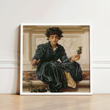 Weaving the Wreath - Frederic Leighton Art Print / Canvas Framed Reproduction Classical Painting Woman Dark Velvet Attire, Serene Tableau,