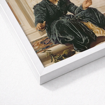 Weaving the Wreath - Frederic Leighton Art Print / Canvas White Framed Woman Dark Velvet Attire, Serene Tableau, Introspective Beauty Prints