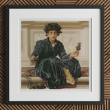 Weaving the Wreath - Frederic Leighton Art Print, 12x12’’ / 31x31cm / Black Frame / 2’’ Matboard, Framed Painting Woman Dark Green Dress