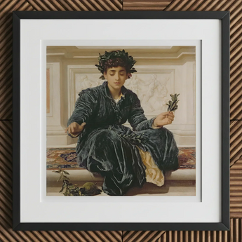 Weaving the Wreath - Frederic Leighton Art Print, 12x12’’ / 31x31cm / Black Frame / 2’’ Matboard, Framed Painting Woman Dark Green Dress