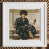 Weaving the Wreath - Frederic Leighton Art Print, 12x12’’ / 31x31cm / White Frame / 2’’ Matboard, Framed Painting Woman Dark Green Velvet